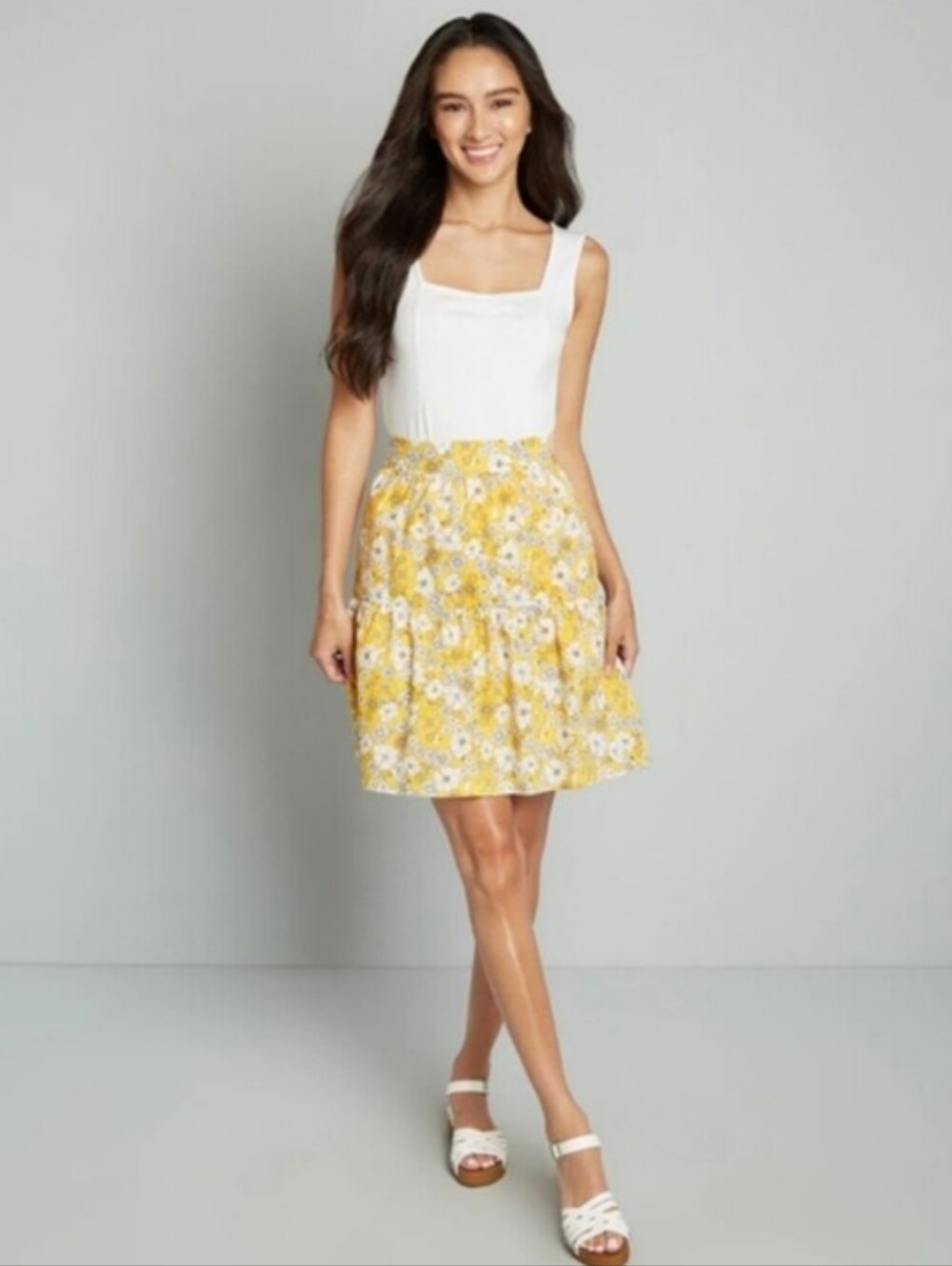 NWT Modcloth Yellow and White Floral Cotton Tiered Skirt